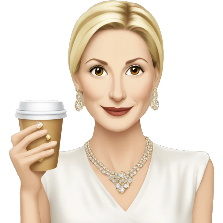 Kelly Rutherford with jewellery wearing white drinking cappucino emoji