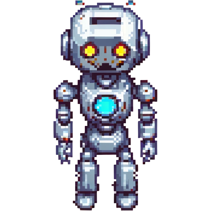 robot with metallic body and glowing eyes, pixel art style emoji