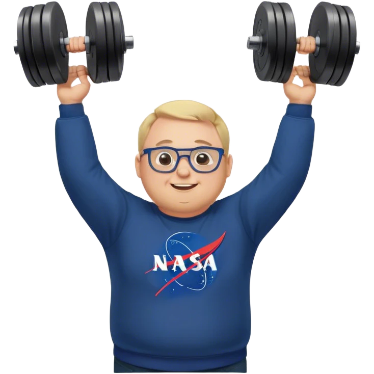 happy chubby man, lifts weights over the head,  blond short and hight receding hairline, wearing a dark blue sweatshirt, nasa logo on the sweatshirt, round glasses without frame, 40 years old emoji