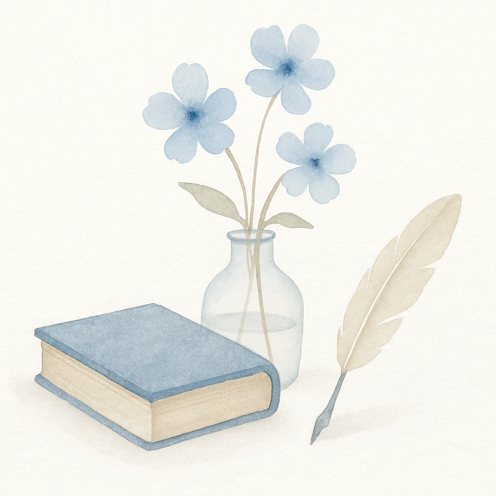 creative scene with an antique blue book, soft blue flowers in a glass vase, and a writing quill, arranged as an elegant still life emoji