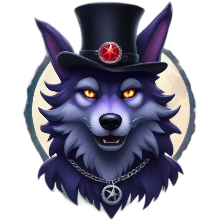 demonic wolf with a pentagram top hat and a pentagram chain with a haunting night background emoji