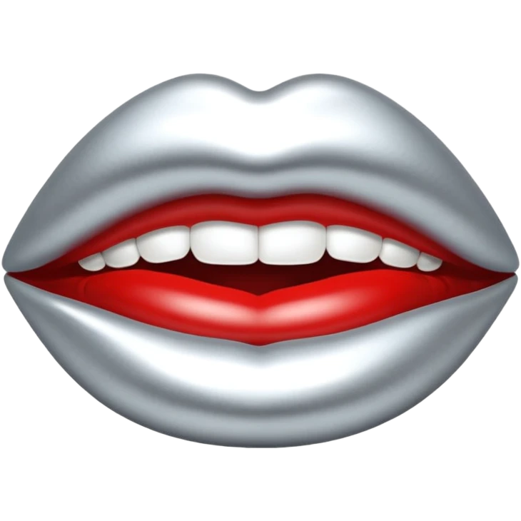 Chrome silver lips emoji, glossy metallic texture, iOS emoji style, smooth reflections, bold but minimal design, centered, silver mouth. all silver emoji