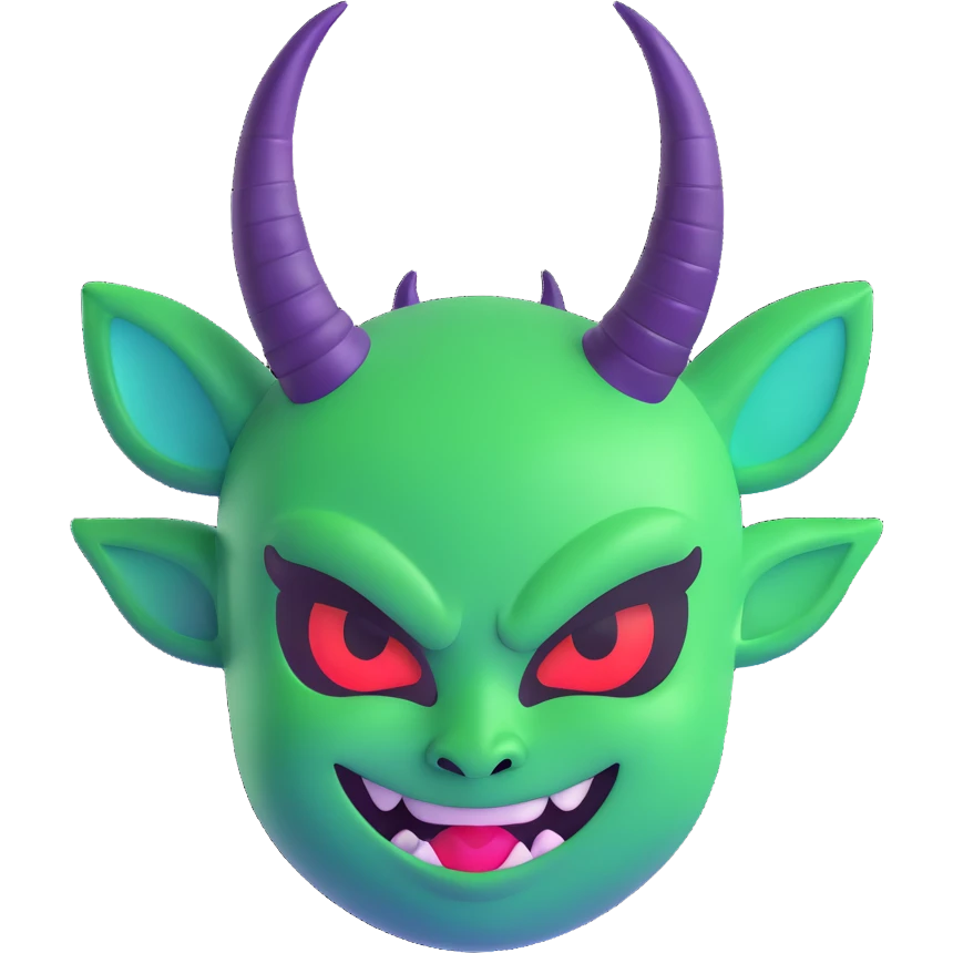 devil emoji with holographic green and black colors, elegant horns, sinister smile, modern goth aesthetic, holographic effect emoji