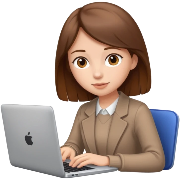 Девушка с коричневыми волосами изучает английский язык на ноутбуке emoji