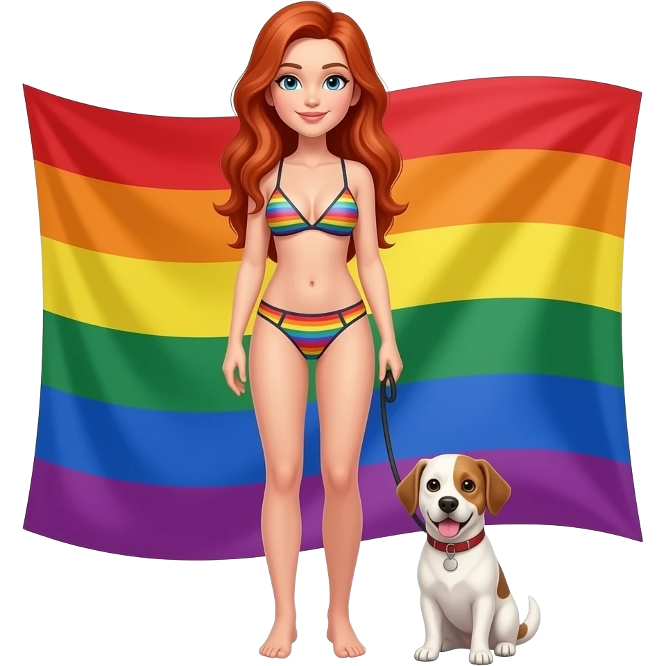 A full body image of A women standing with long red hair and wearing bru and underwear and there color 🏳️‍🌈 add a dog beside her and she is holding his leash emoji