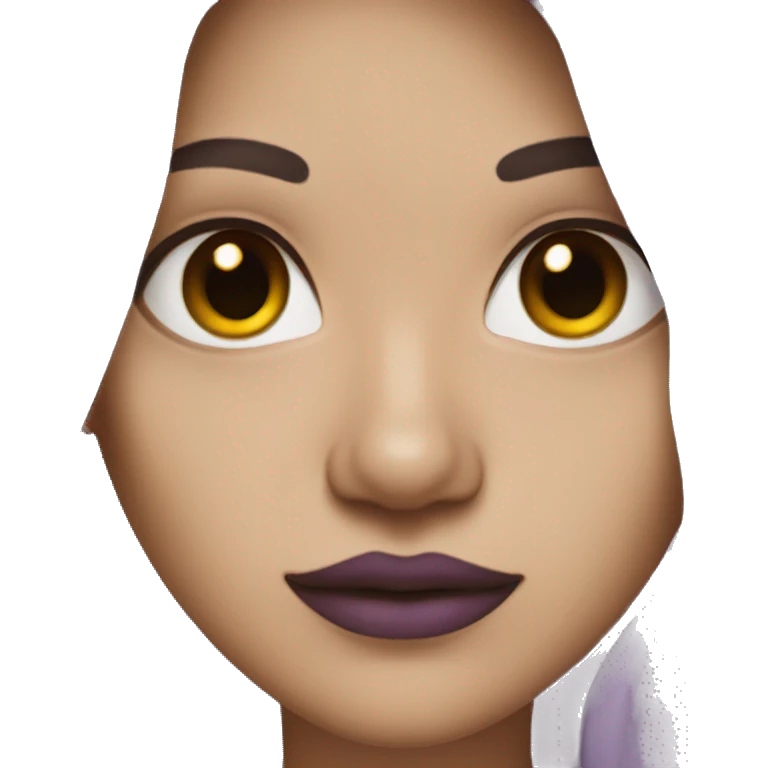 Woman with long dark hair, brown eyes, purple lips emoji