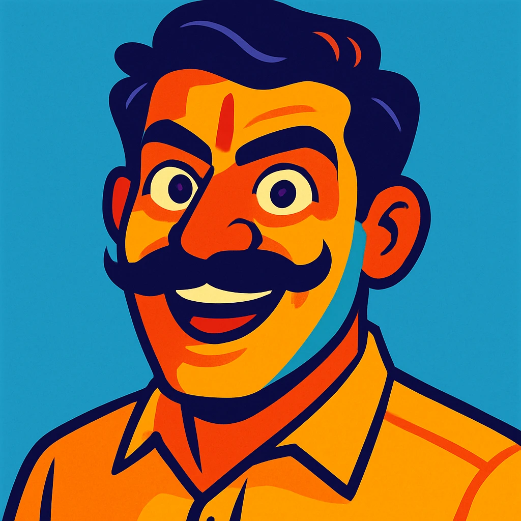bold Indian man with a moustache, vibrant colors, expressive face emoji