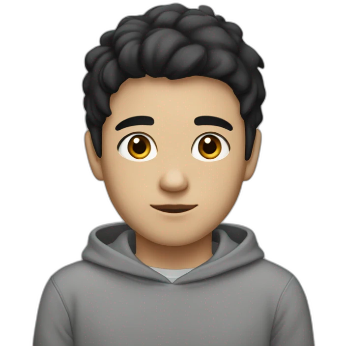 Boy with black hair, medium black eyes with a gray sweatshirt, with a thin face and semi-dark white skin emoji