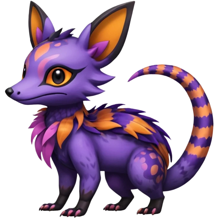 Rare exotic cute epic aesthetic gothic colorful Salandit-Noibat-Eevee-Civet-species-Fakemon-hybrid-creature, with markings, full body emoji