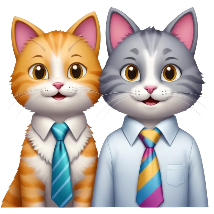 happy girl cat with eyelashes wearing a colorful necktie and happy boy cat wearing a professional necktie standing together side by side, both with cheerful expressions emoji