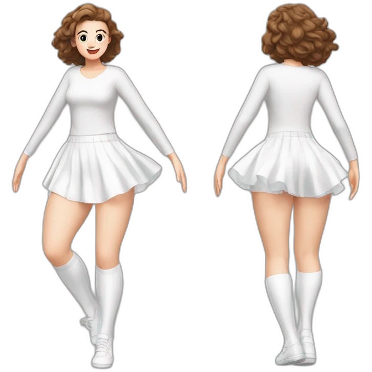 realistic full body caucasian curvy beauty jumping short transparent skirt back and front views strong wind white knickers long white socks emoji
