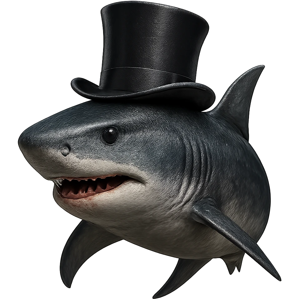 Make this blue shark with a tall top hat look more realistic with detailed textures, natural shark colors, and realistic lighting. Keep the top hat and remove the background. emoji