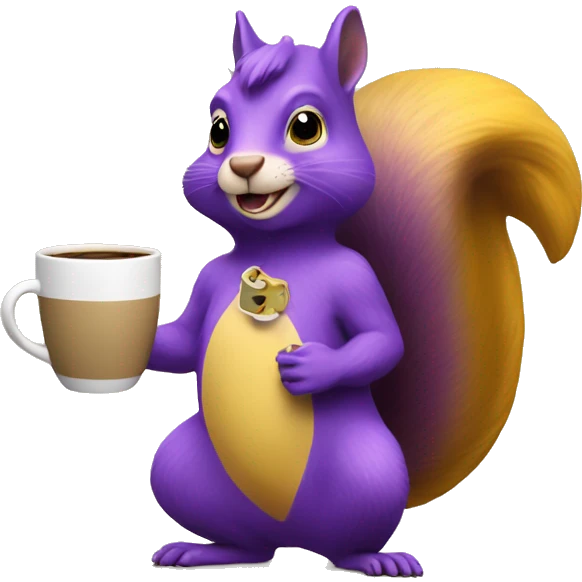 purple squirrel in a yellow dress with a mug of coffee in its paws emoji