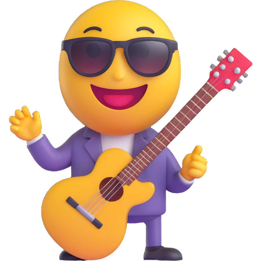 3D smiley emoji, round shape, musician: with guitar, sunglasses, funny face emoji