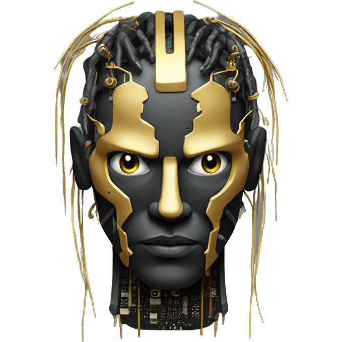 black metal male cyborg head with circuitry and wispy yellow gold hair emoji