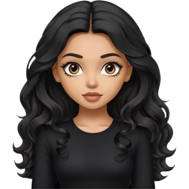a pretty bratz dusky girl with long wavy black hair, kajal under eyes, black full sleeve  top emoji