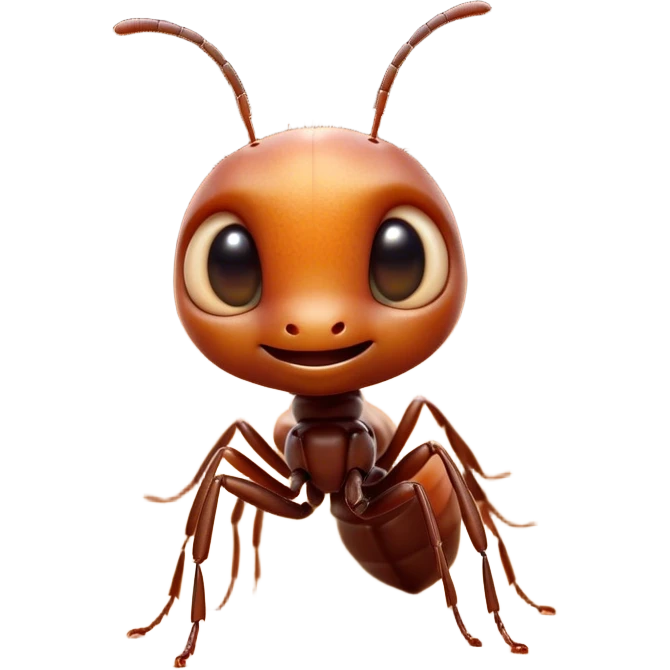 Cinematic Cute Ant Portrait Emoji, Head tilted playfully and inquisitively, featuring a minuscule, charming body with a delicately textured exoskeleton and round, sparkling eyes brimming with curious mischief, Simplified yet irresistibly adorable features, highly detailed, glowing with a warm, inviting earthy glow, high shine, affectionate and lively, stylized with a touch of whimsical industrious charm, soft glowing outline, capturing the essence of a mischievous ant that seems as if it could scurry out of the screen into your arms! emoji