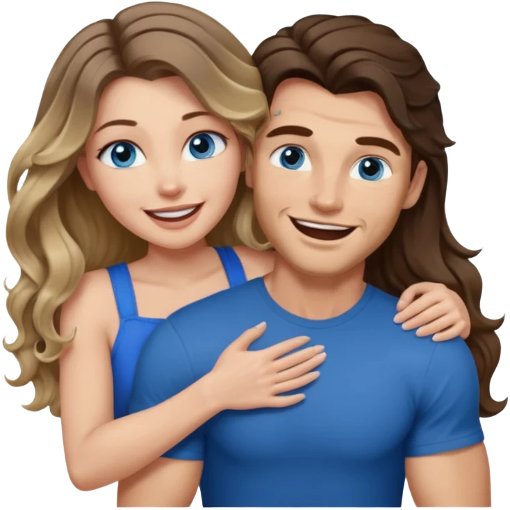 Women with blue eyes and very long, brown blond balayage curled hair in the arms of a man with strong arms a straight face, a very sexy man blue eyes. They are laughing at each other. He has dark brown hair: A fade haircut down to skin and is light skinned  emoji