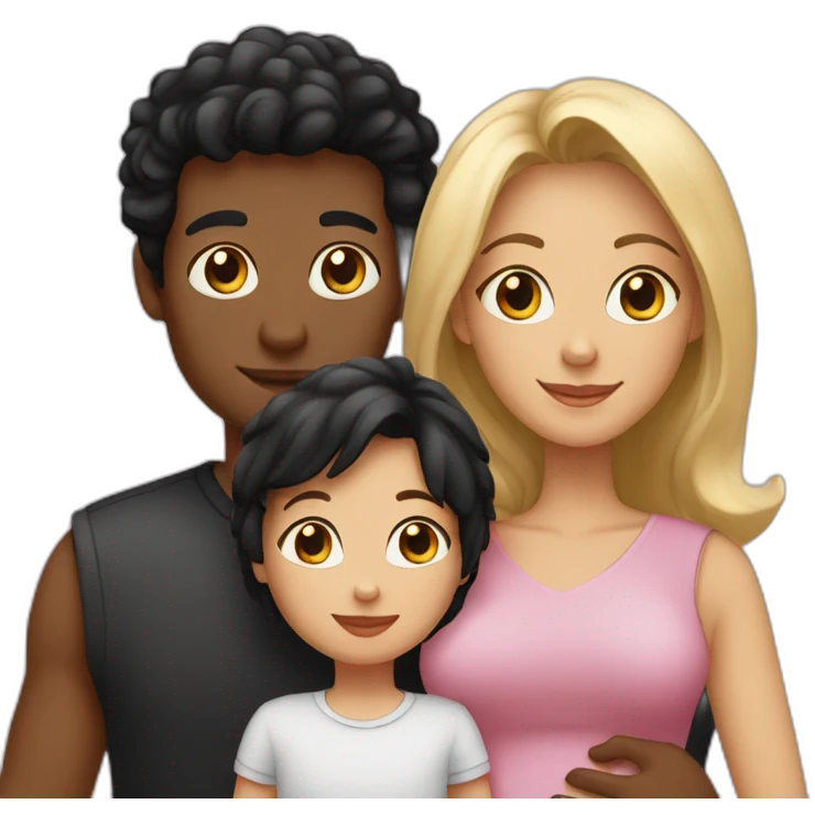 Family of three, woman with black hair, men with black hair, baby girl, 2 cats emoji