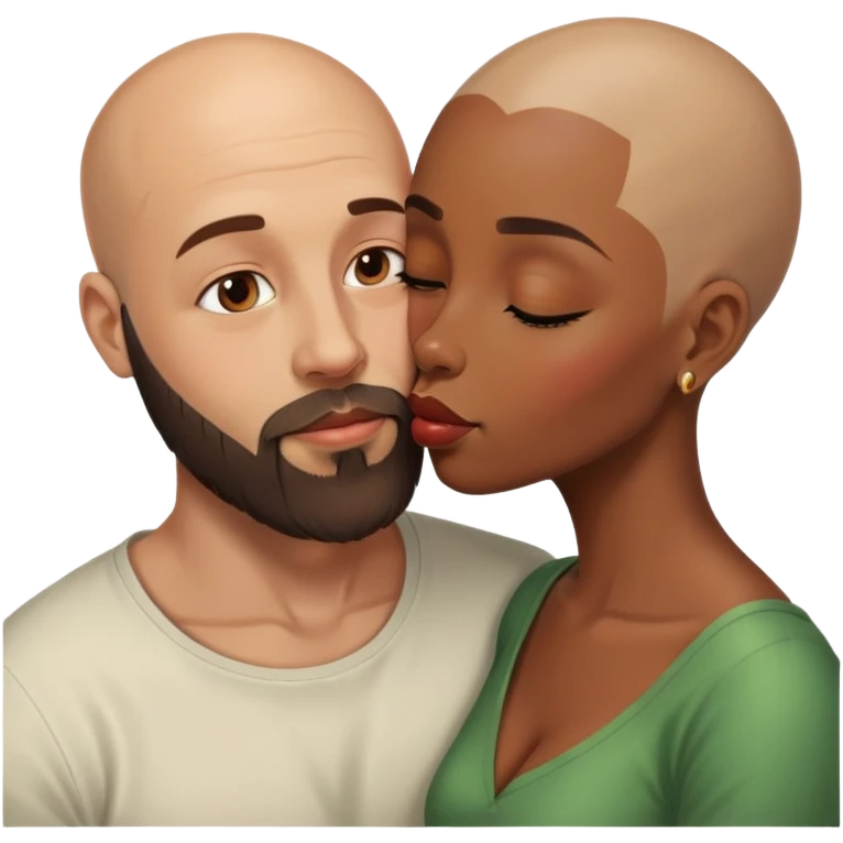bald head man with beard kissing African woman emoji