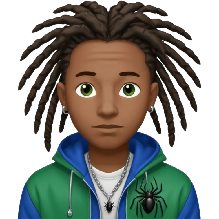 create a black male with locs and silver ear piercings and a left nose piercing and a spider necklace that’s black along with a varsity jacket that’s blue and green emoji