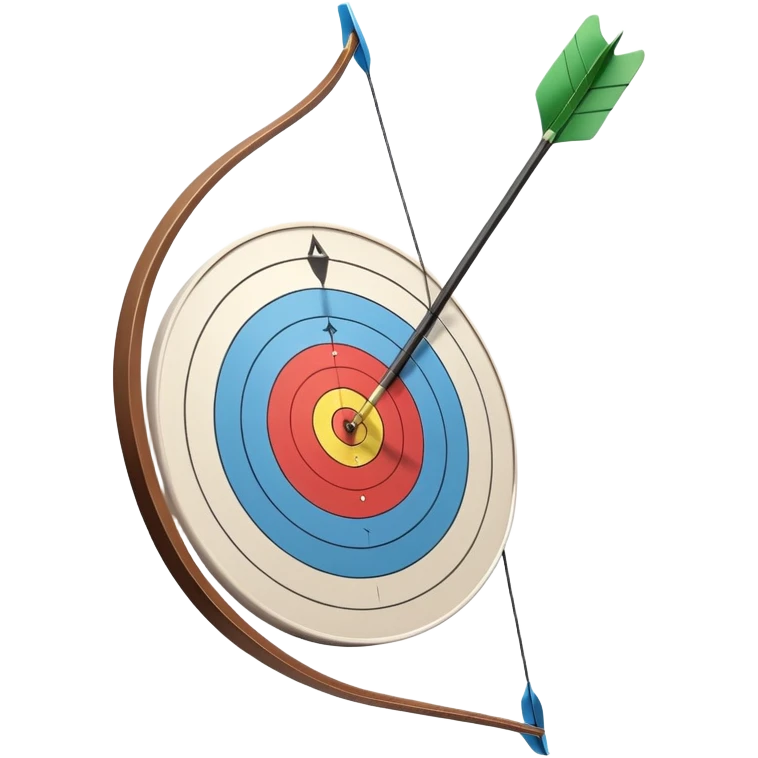 A professional recurve bow with an arrow nocked, ready to be released. The target features concentric rings, placed at a distance. The emphasis is on the bow, arrow, and target, highlighting the precision, focus, and skill involved in competitive archery. emoji