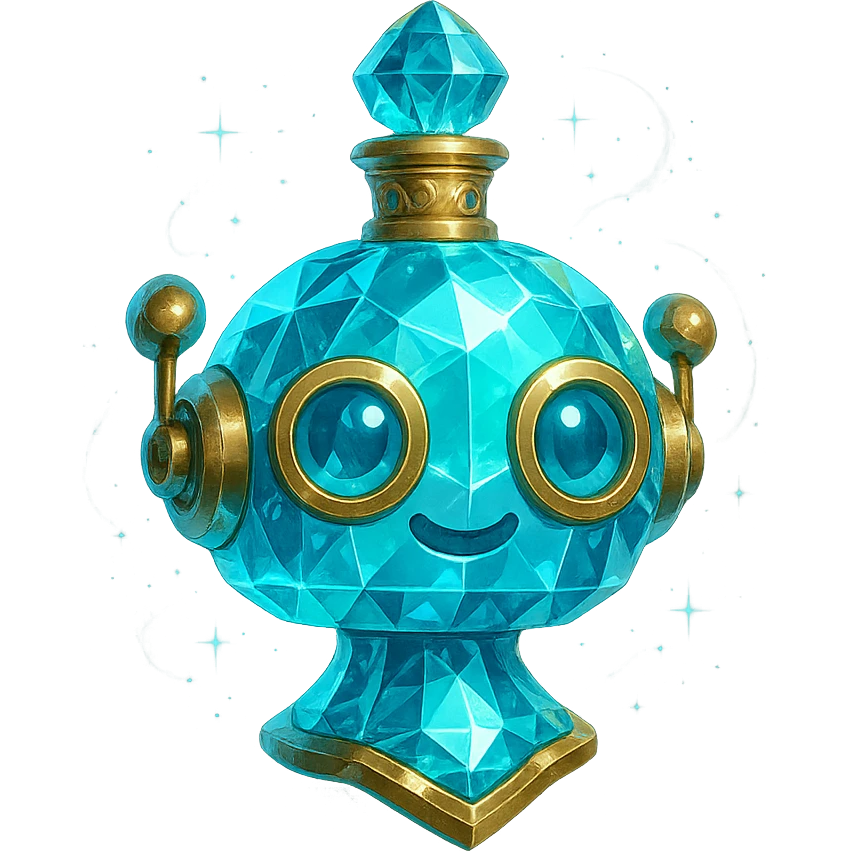 luxurious crystal elixir bottle shaped like a cute robot head, cyan color, lots of glowing, facets, ornaments, golden details, magical effects, very small golden neck, transparent background, beautiful merging base, clearly floating in air, no ground or shadow, premium class, friendly, playful, fits in a collection emoji