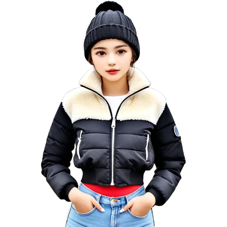 Siyah uzun saçlı siyah ceket  polar ceket ceket gevşek biraz omzundan çıkıyormuş gibi ve bugday ten rengi soltaraftaki omzundan çıkık sadece içinde de siyah crop var crop açık esmer esmer emoji