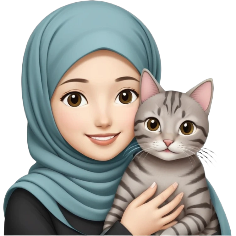 Asian White girl wearing hijab holding a black grey tabby cat while smiling.  emoji