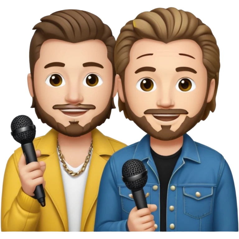 Morgan Wallen and Post Malone as apple-style emojis, both holding microphones, cheerful emoji