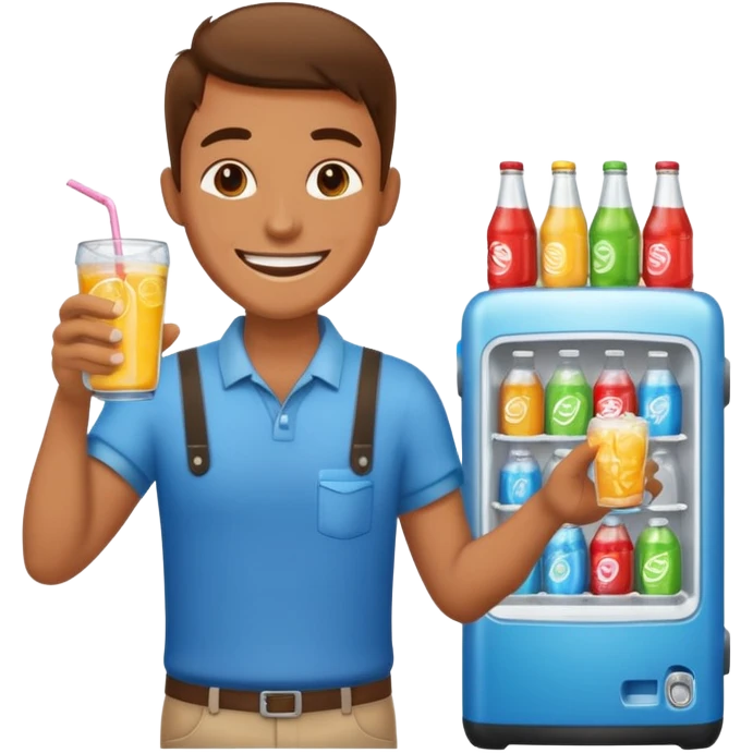 A vendor with a big beverage cooler, offering cold drinks with a wide grin emoji