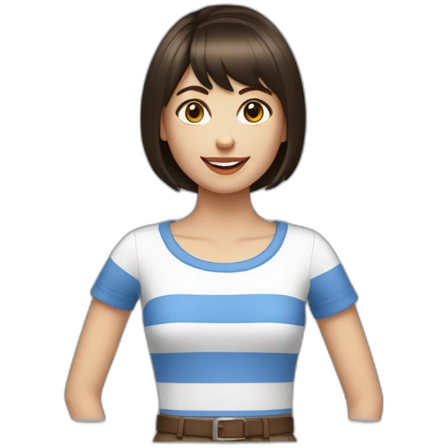 caucasian woman with dark brown hair a bob haircut, bangs, braces on teeth, blue and white striped t shirt emoji