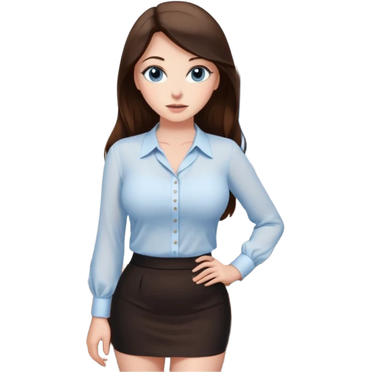 sexy woman brunette, very large breasts, pale skin, blue eyes, long brown hair, white blouse, short black skirt. office.  emoji