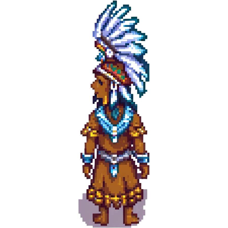 tribal colonist from RimWorld, pixel art style, wearing a feathered headdress emoji