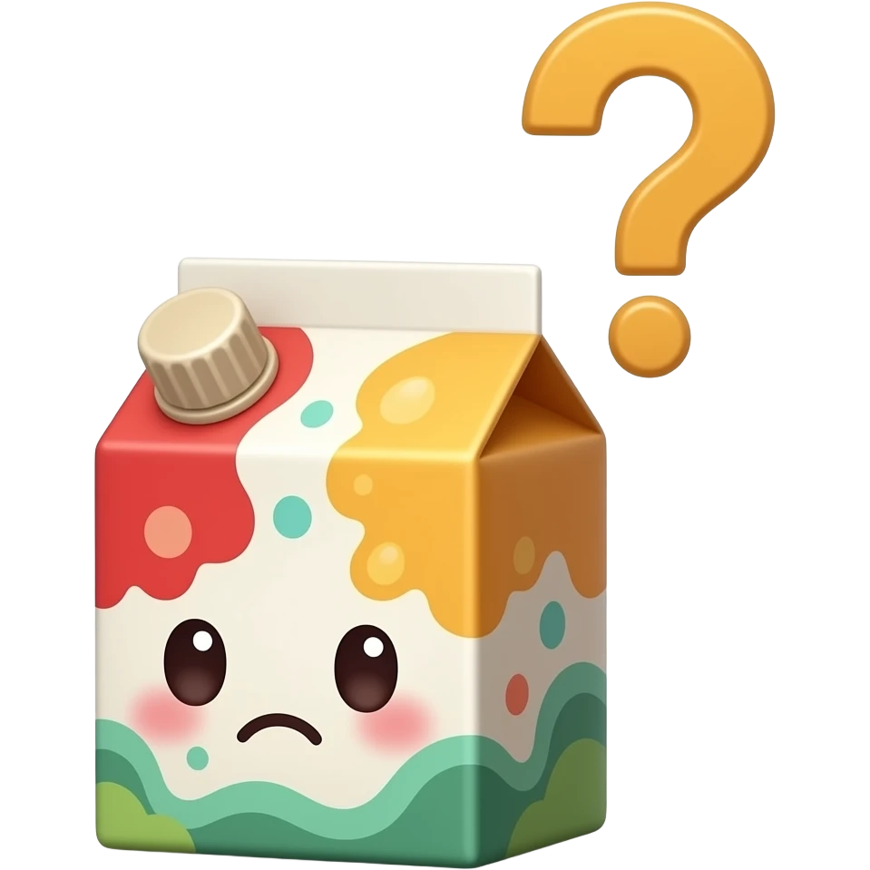 Kawaii juice box with a confused facial expression and a question mark emoji