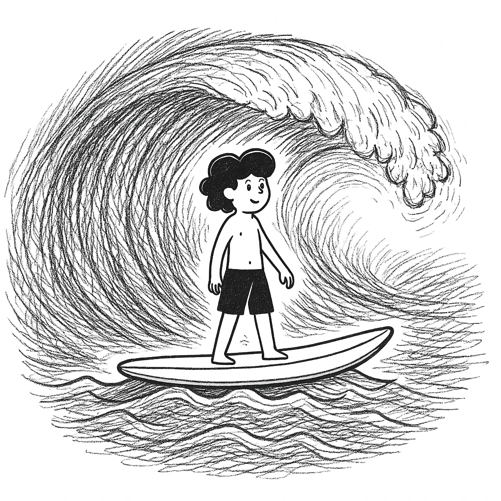 Add a hand-drawn ocean wave background behind the surfboard, matching the doodle style. The style should resemble hand-drawn, sketchy, and informal doodle illustrations with visible strokes and a casual feel. emoji