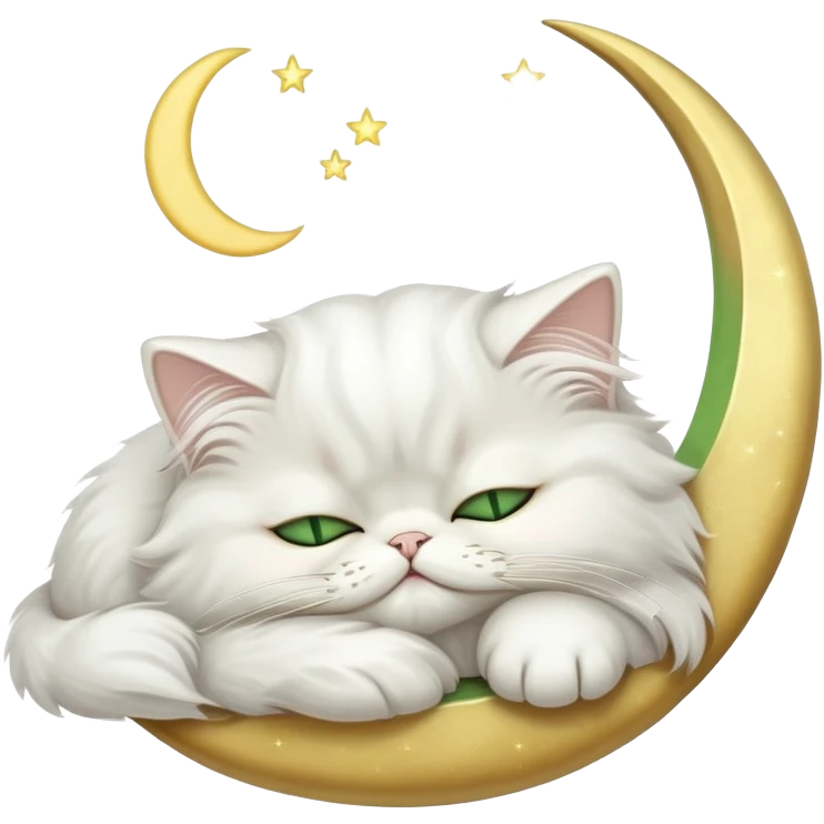 White Persian cat with green eyes sleeping on crescent moon  emoji