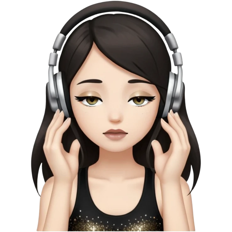 Girl with long dark hair, fair skin tone, wearing a black tank top, has glitter on her eyelids, and taupe lipstick, wearing white headphones, her hands are on her ears, and her eyes are slightly close emoji