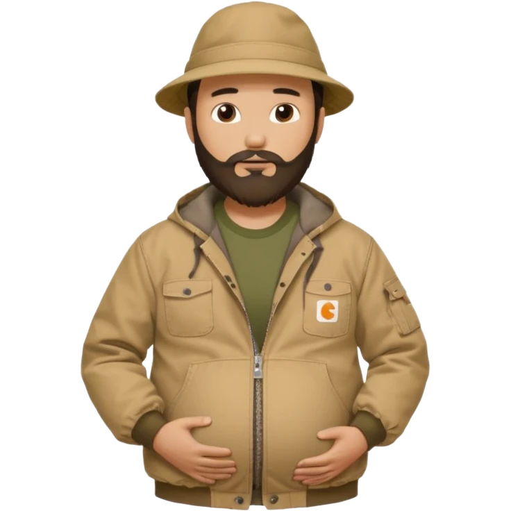 Bearded man rubbing pregnant belly poking out of shirt wearing a tan canvas carhartt jacket with  chinese hat on emoji