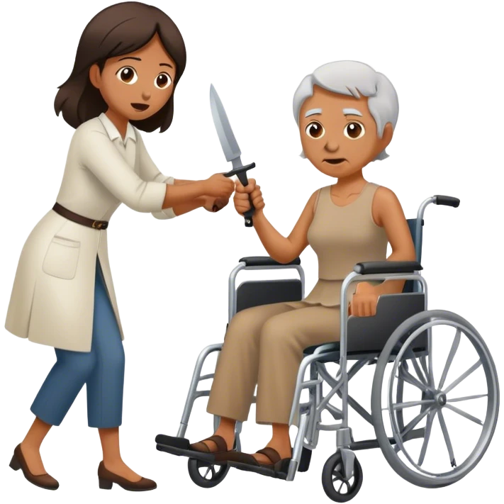Woman with a knife in one hand, pushing with the other a wheelchair with an old man emoji