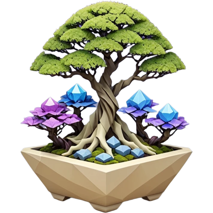Futuristic wild glowing et alien moss maples Bonsai hair-fine-leaf group multi faceted crystal boxwood purple and cream rose blue informal rocky cliffhanger eight trees forest planting in shallow origami slab style pot with big anthropomorphic feet  emoji