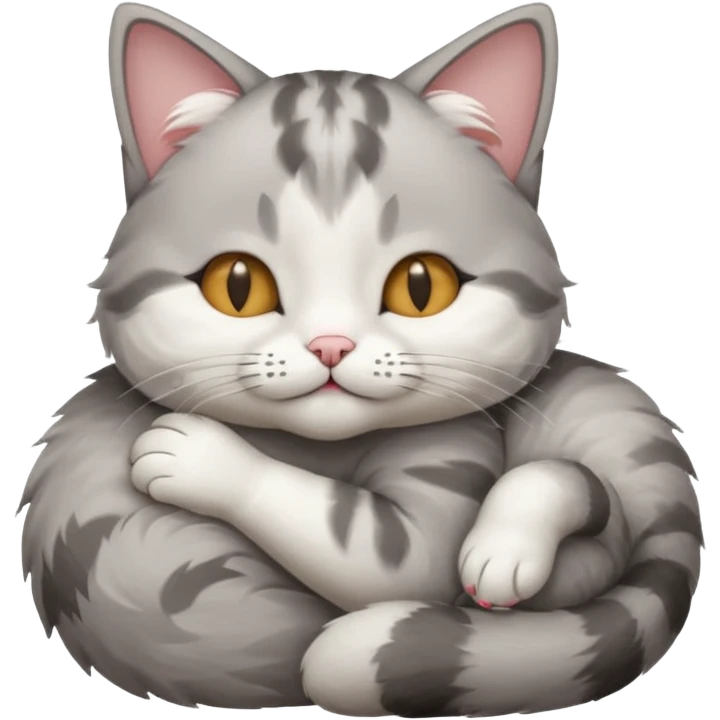 grey and white small cat with its eyes closed lying down with its paw curled under his chin holding it up emoji