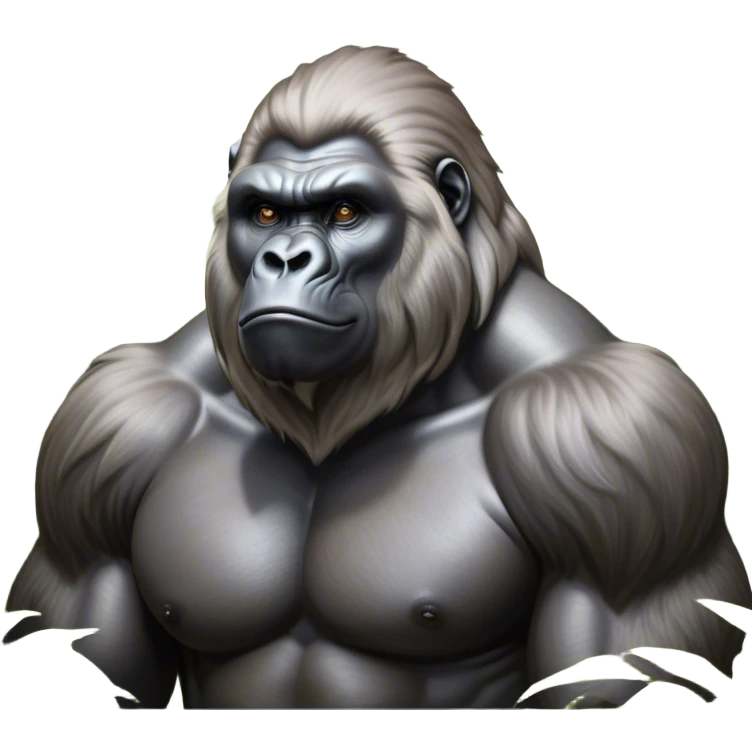Cinematic Noble Silverback Gorilla Portrait Emoji, Poised and majestic, with a powerful, muscular frame accentuated by a distinguished silver mane and piercing, wise eyes, Simplified yet sharp and sophisticated features, highly detailed, glowing with a soft, regal jungle glow, high shine, intelligent and commanding, stylized with an air of imperial strength, focused and resolute, soft glowing outline, capturing the essence of a watchful guardian that feels as though it could step out of the screen with effortless authority! emoji