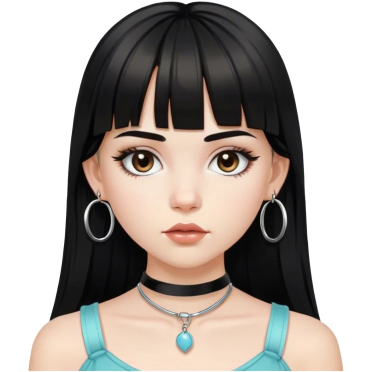 white skinned young girl. long hairstyle with black bangs. thin light coloured eyebrows. full glossy lips. dark brown eyes. wear a crop top tied at the neck and silver hoop earrings  emoji
