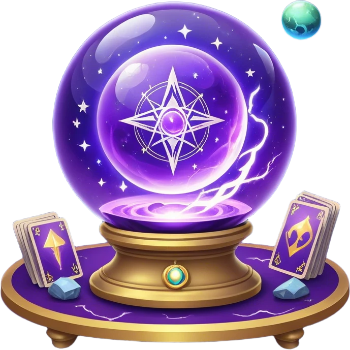 A mystical, glowing crystal ball with swirling sparkles and lightning bolts inside, with tarot cards spread out on the table around the ball, surrounded by zodiac signs and planets floating in space. Use bright purples, blues, and golds to create a magical, mysterious vibe. transparent background.  emoji