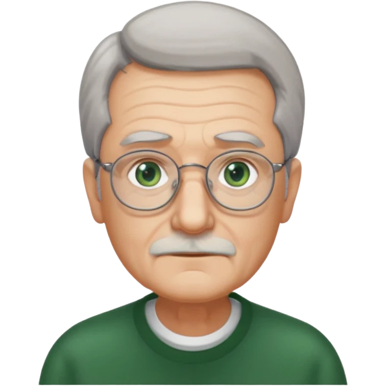 Old man with receding hair, grey hair only on the sides, green eyes, rectangular reading glasses, rounded face emoji