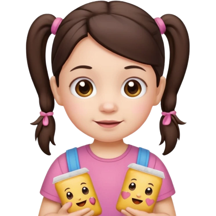 Cute small Toddler emoji with two pigtails dark brown hair, fair skin, in pink top, holding toddler snacks emoji