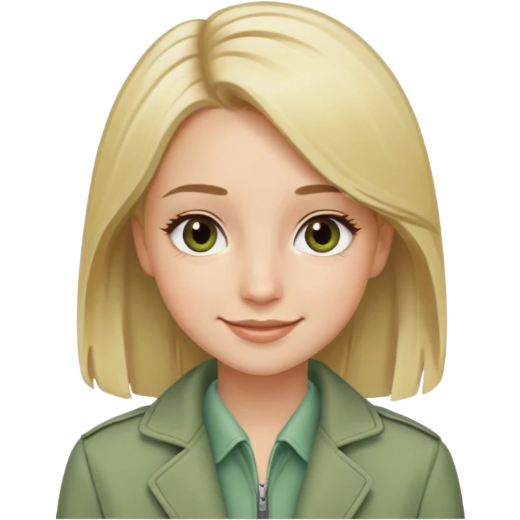 smiling girl with straight blonde hair, fair skin, brown eyes, wearing mascara and a sage green jacket emoji