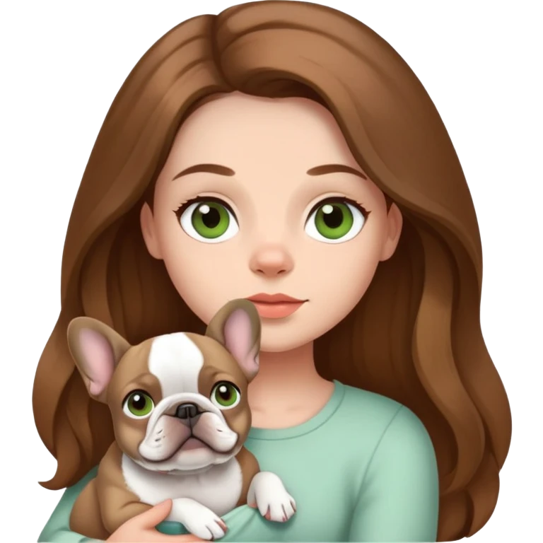 A girl with brown long hair and light green and grey eyes holding a French bulldog emoji