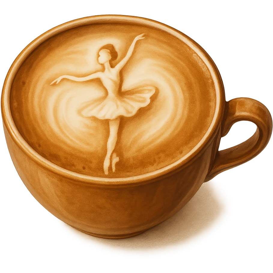 a cappuccino cup with elegant and charming latte art shaped like a ballerina, warm tones, no background emoji